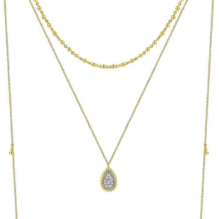 Gabriel & Co. NK6369M45JJ 14K Yellow Gold 3 Strand Teardrop Diamond Pave Necklace with Drops