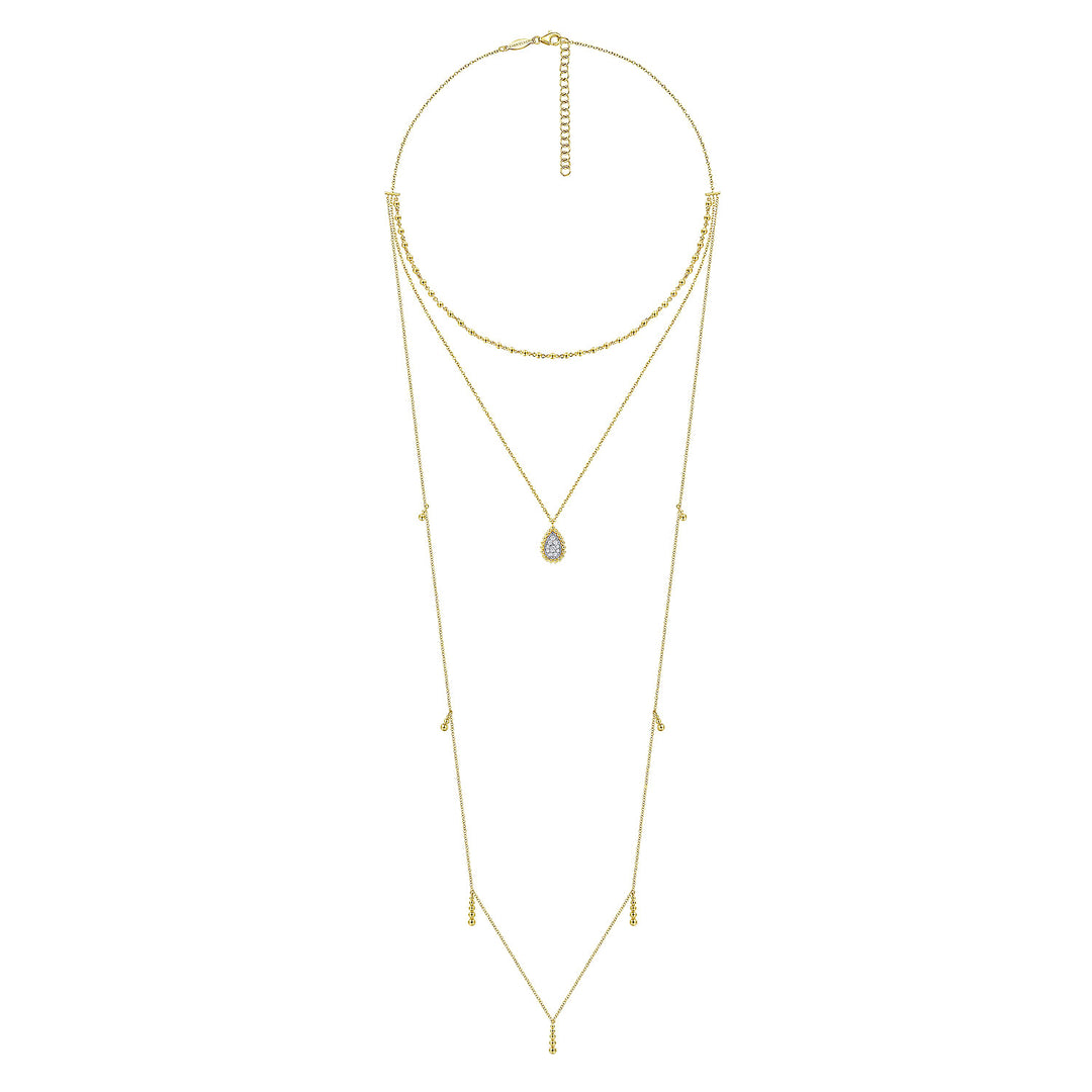 Gabriel & Co. NK6369M45JJ 14K Yellow Gold 3 Strand Teardrop Diamond Pave Necklace with Drops