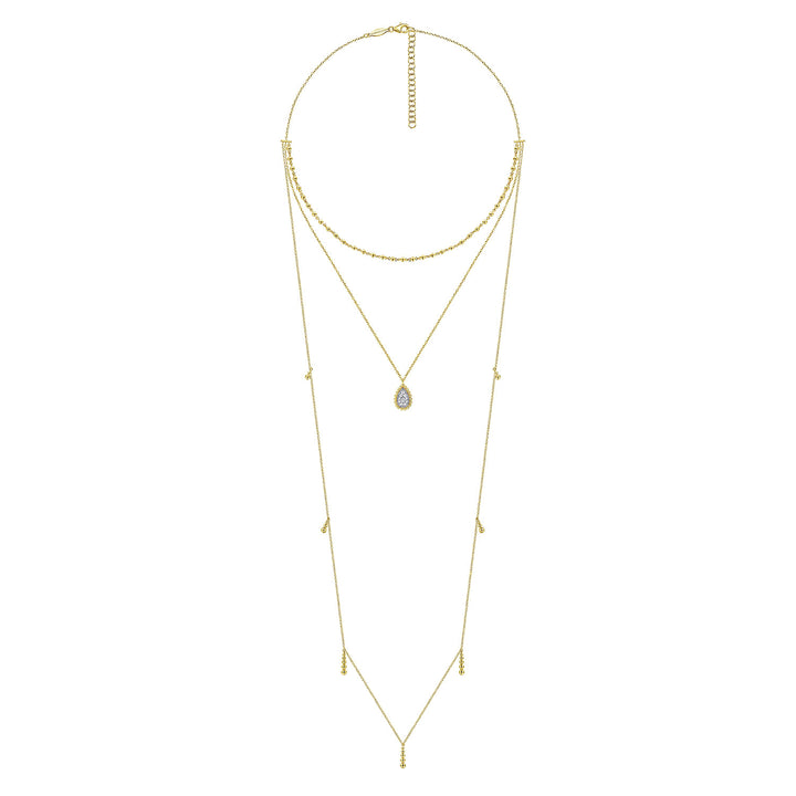 Gabriel & Co. NK6369M45JJ 14K Yellow Gold 3 Strand Teardrop Diamond Pave Necklace with Drops