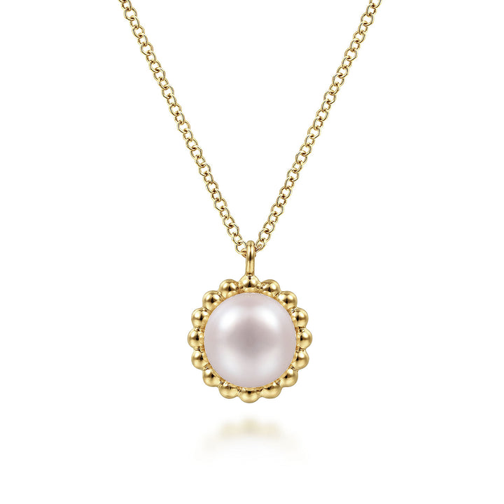 Gabriel & Co. NK6412Y4JPL 14K Yellow Gold Round Pearl Pendant Necklace with Bujukan Beaded Frame