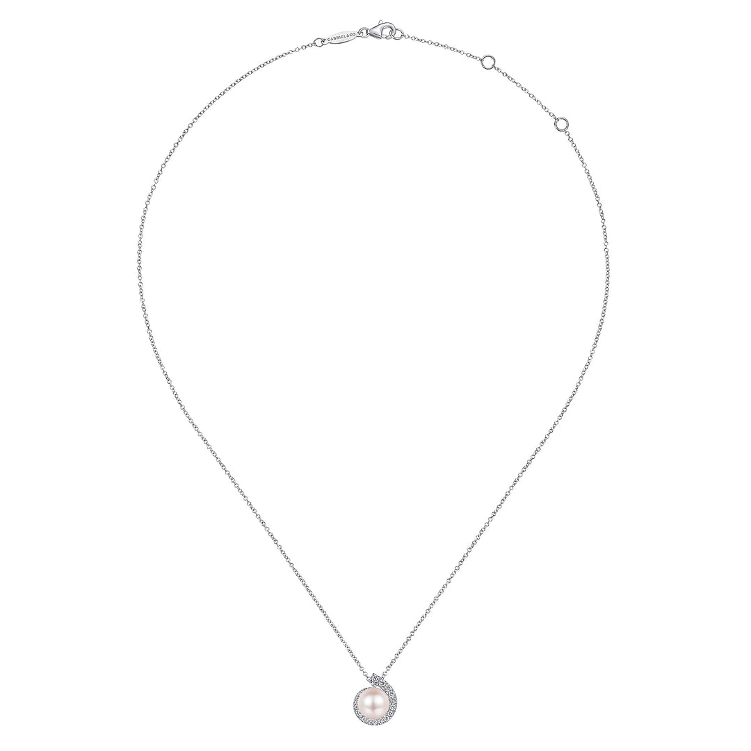 Gabriel & Co. NK6437W45PL 14K White Gold Round Pearl Pendant Necklace with Diamond Halo Swirl