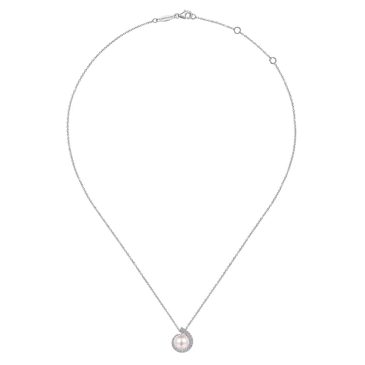 Gabriel & Co. NK6437W45PL 14K White Gold Round Pearl Pendant Necklace with Diamond Halo Swirl