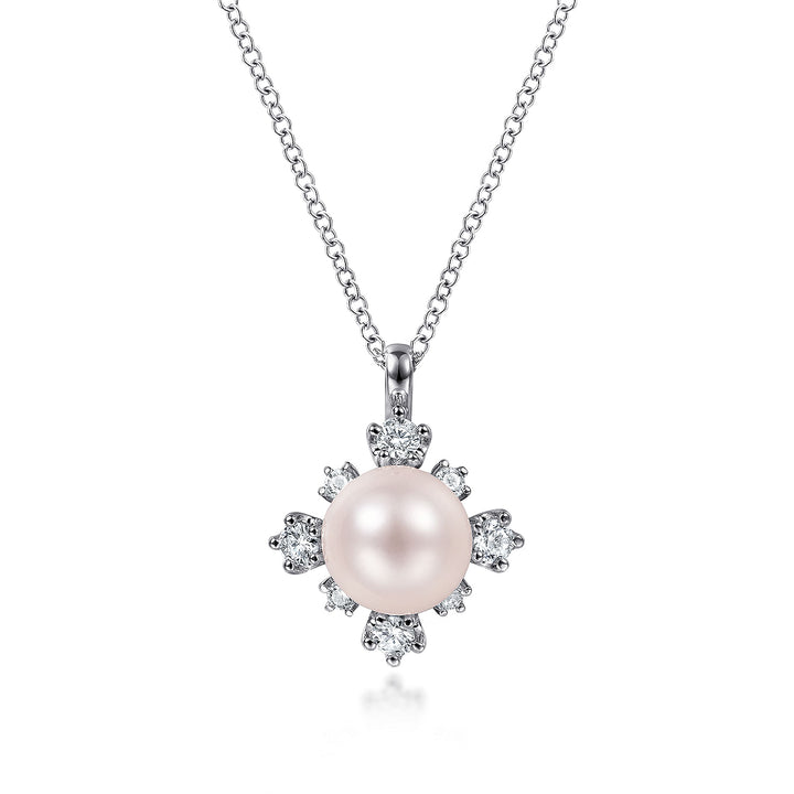Gabriel & Co. NK6440W45PL 14K White Gold Round Pearl Pendant Necklace with Diamond Accents
