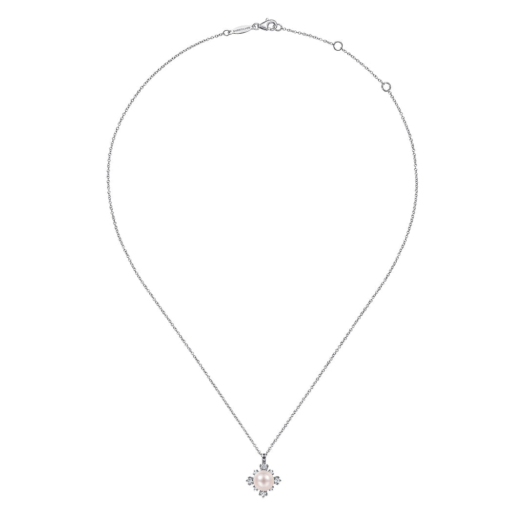 Gabriel & Co. NK6440W45PL 14K White Gold Round Pearl Pendant Necklace with Diamond Accents