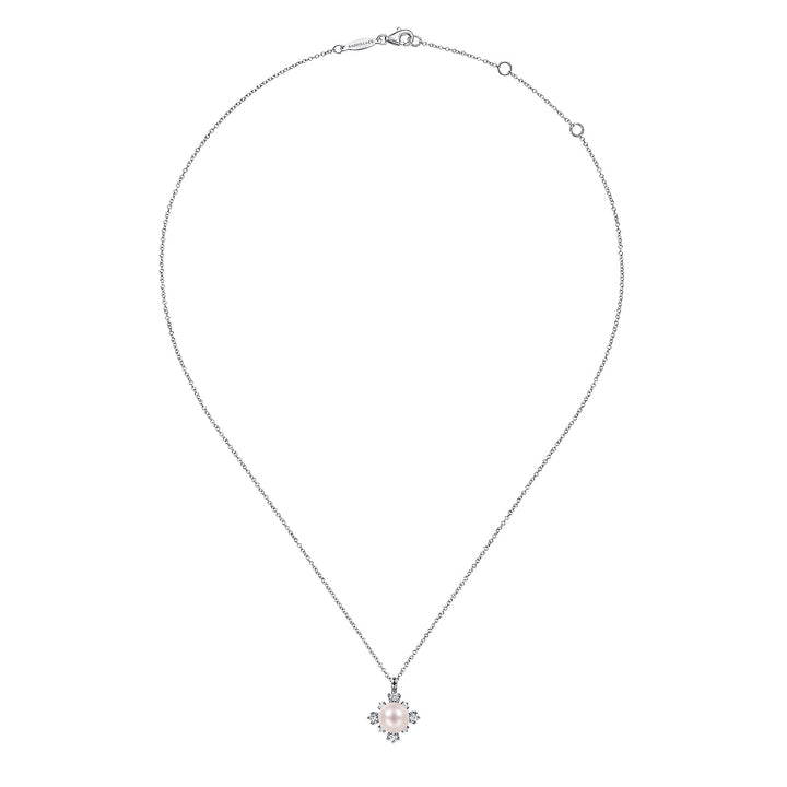 Gabriel & Co. NK6440W45PL 14K White Gold Round Pearl Pendant Necklace with Diamond Accents