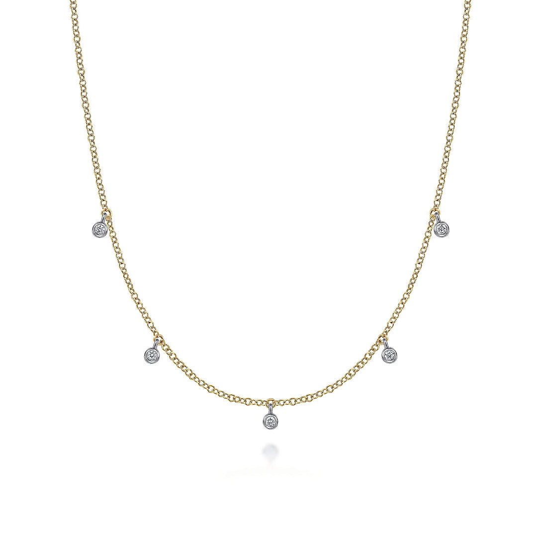 Gabriel & Co. NK6469M45JJ 14K Yellow White Gold Chain Necklace with Bezel Set Diamond Drops