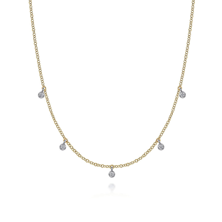Gabriel & Co. NK6469M45JJ 14K Yellow White Gold Chain Necklace with Bezel Set Diamond Drops
