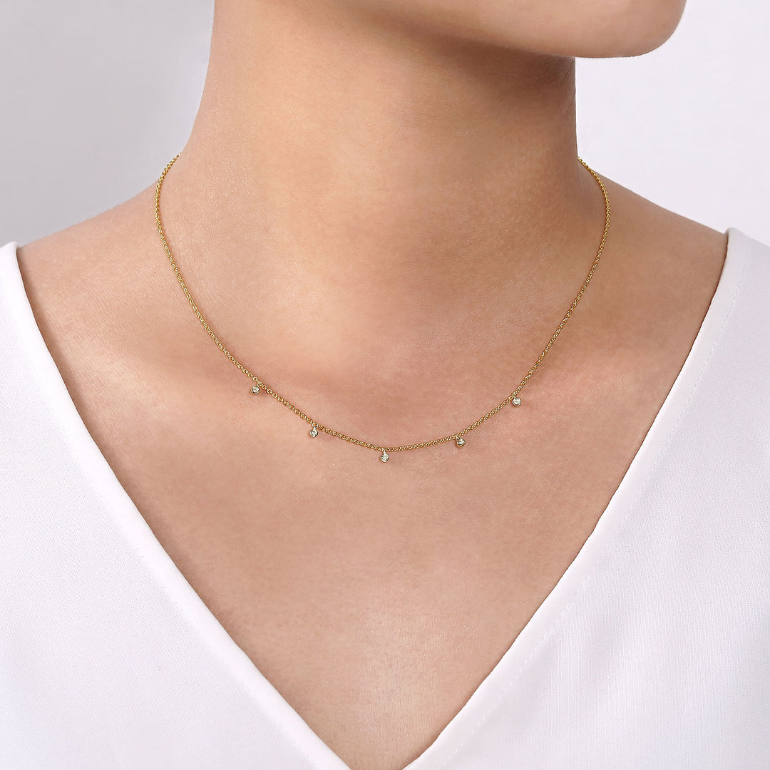 Gabriel & Co. NK6469M45JJ 14K Yellow White Gold Chain Necklace with Bezel Set Diamond Drops