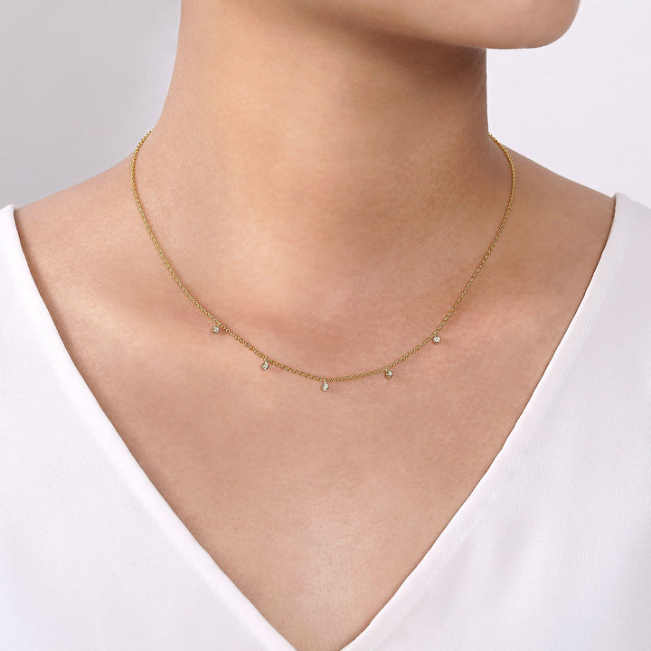 Gabriel & Co. NK6469M45JJ 14K Yellow White Gold Chain Necklace with Bezel Set Diamond Drops