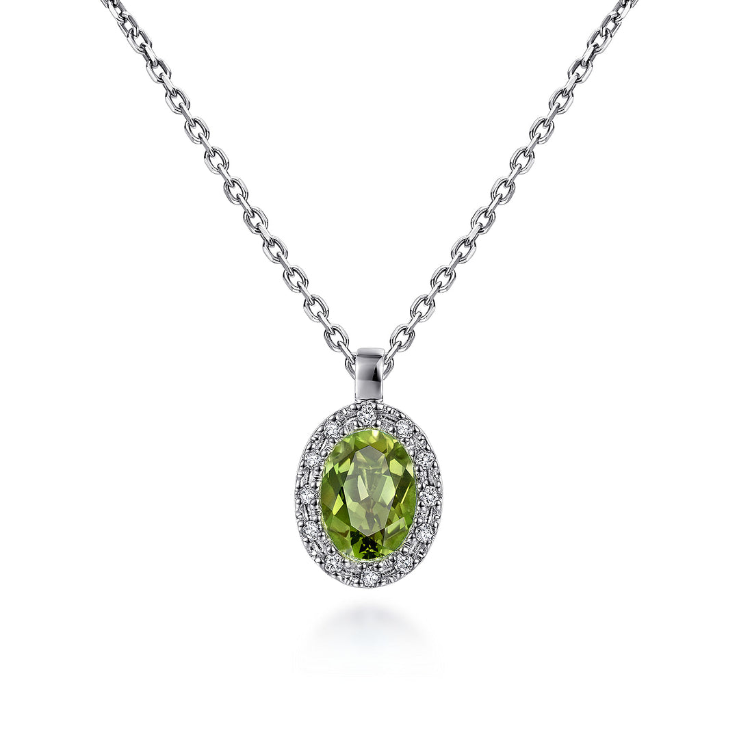 Gabriel & Co. NK647W45PE 18 inch 14K White Gold Peridot and Diamond Halo Drop Necklace