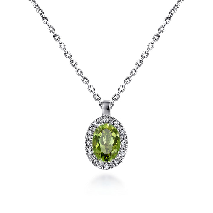 Gabriel & Co. NK647W45PE 18 inch 14K White Gold Peridot and Diamond Halo Drop Necklace