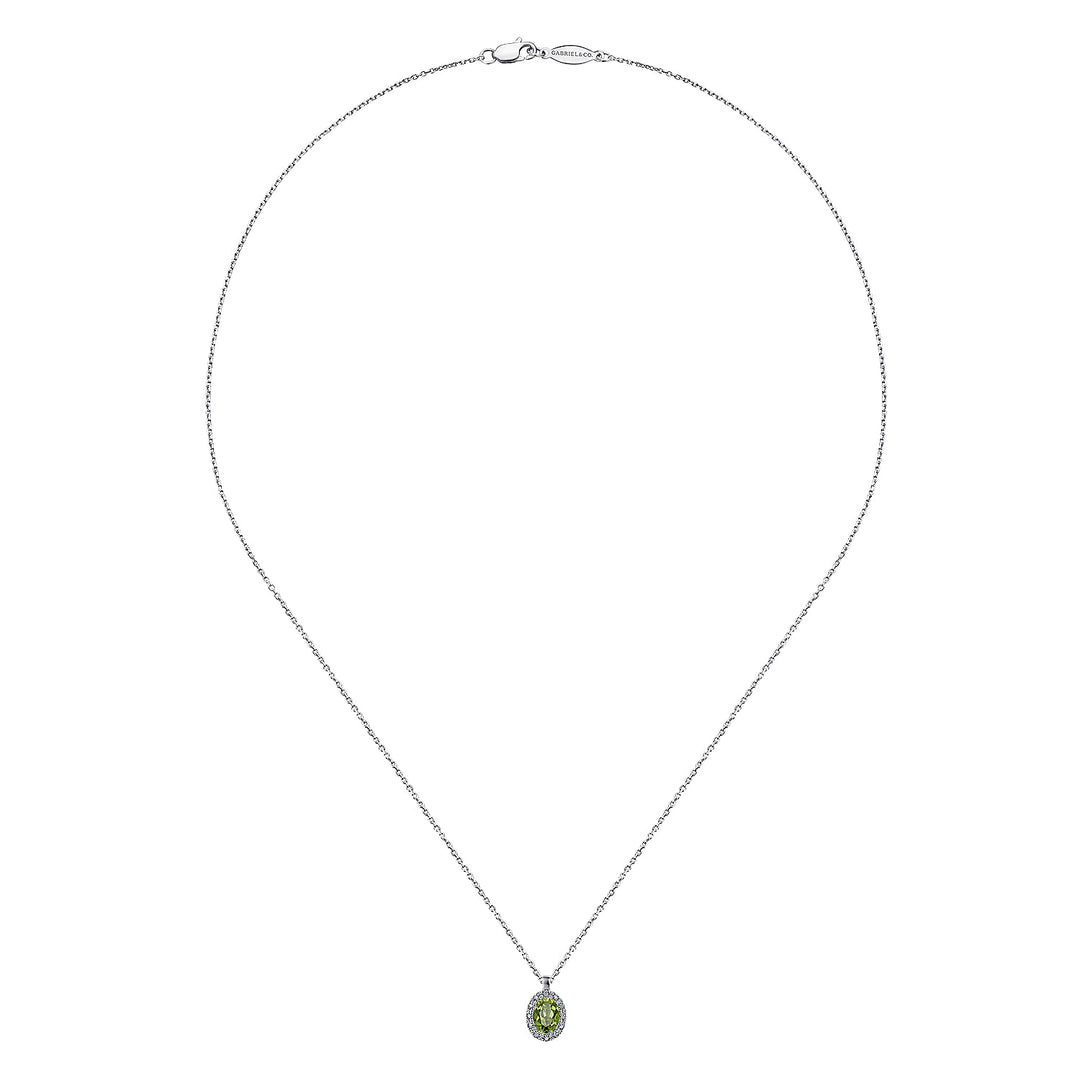 Gabriel & Co. NK647W45PE 18 inch 14K White Gold Peridot and Diamond Halo Drop Necklace
