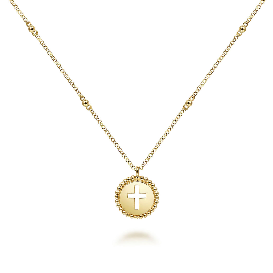 Gabriel & Co. NK6490Y4JJJ 14K Yellow Gold Round Cutout Cross Pendant Necklace with Bujukan Bead Frame
