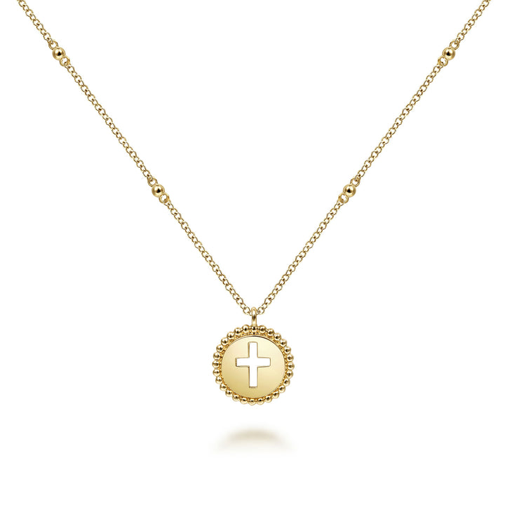 Gabriel & Co. NK6490Y4JJJ 14K Yellow Gold Round Cutout Cross Pendant Necklace with Bujukan Bead Frame