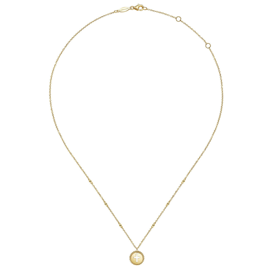 Gabriel & Co. NK6490Y4JJJ 14K Yellow Gold Round Cutout Cross Pendant Necklace with Bujukan Bead Frame