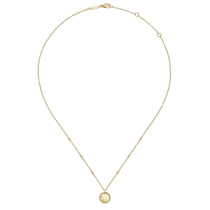 Gabriel & Co. NK6490Y4JJJ 14K Yellow Gold Round Cutout Cross Pendant Necklace with Bujukan Bead Frame