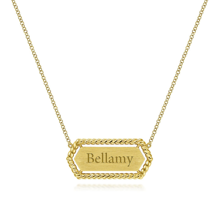 Gabriel & Co. NK6527Y4JJJ 14K Yellow Gold Hexagonal Rectangle ID Necklace with Twisted Rope Frame