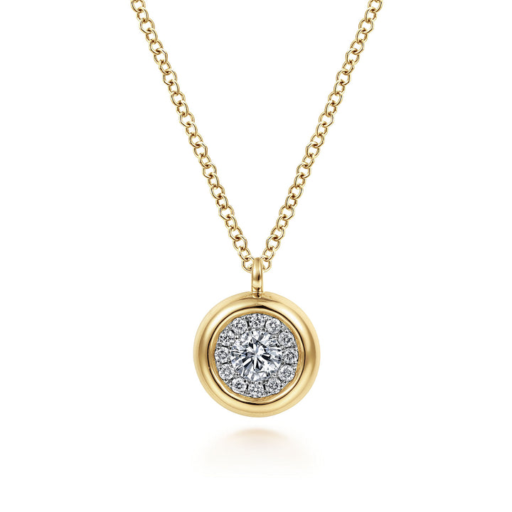 Gabriel & Co. NK6617Y45JJ 14K Yellow Gold Round Diamond Halo Pendant Necklace with Bezel Frame