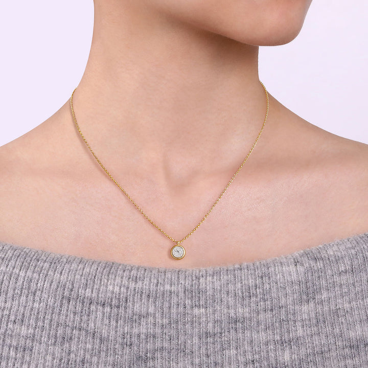 Gabriel & Co. NK6617Y45JJ 14K Yellow Gold Round Diamond Halo Pendant Necklace with Bezel Frame
