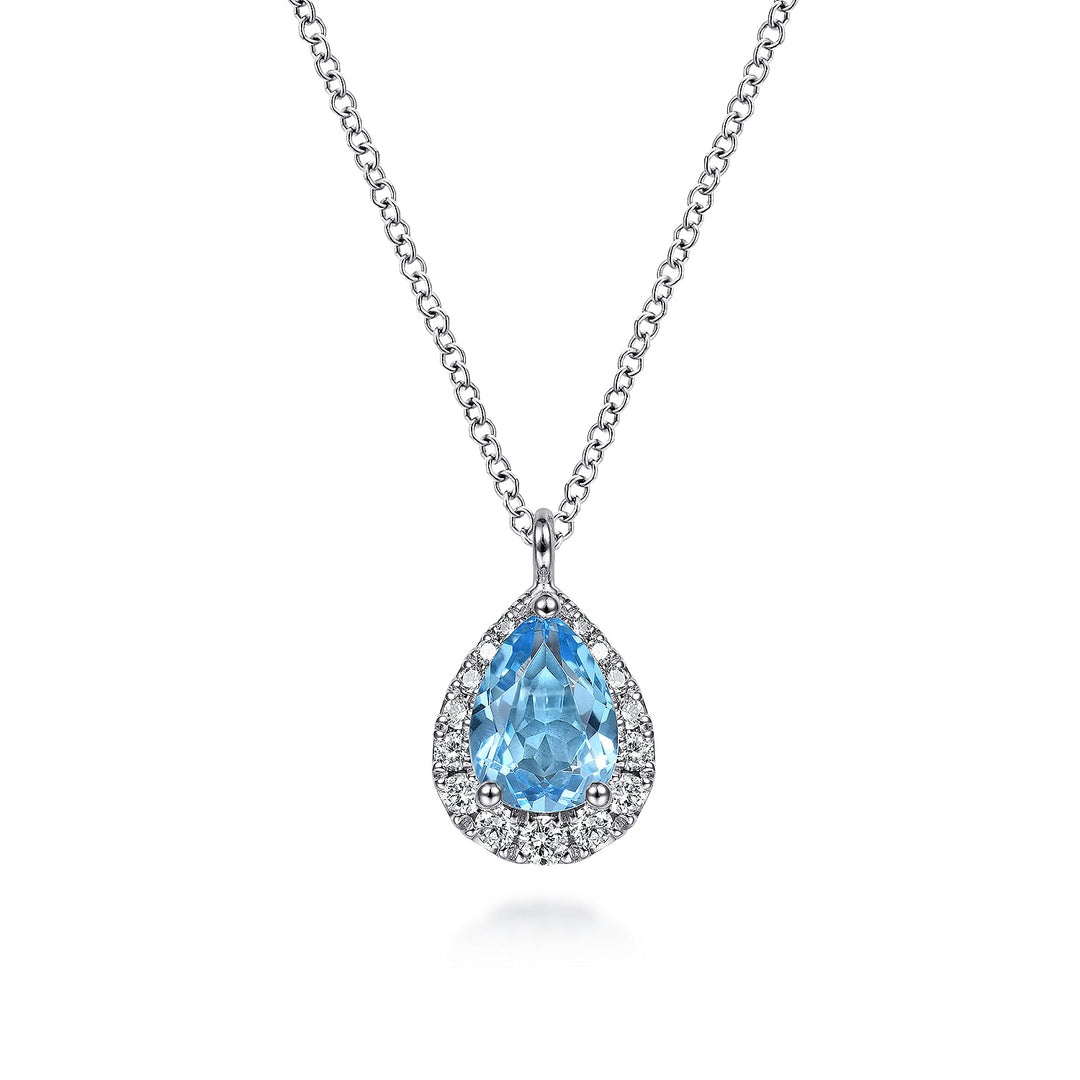 Gabriel & Co. NK6629W45BT 14K White Gold Pear Shape Blue Topaz and Diamond Halo Pendant Necklace