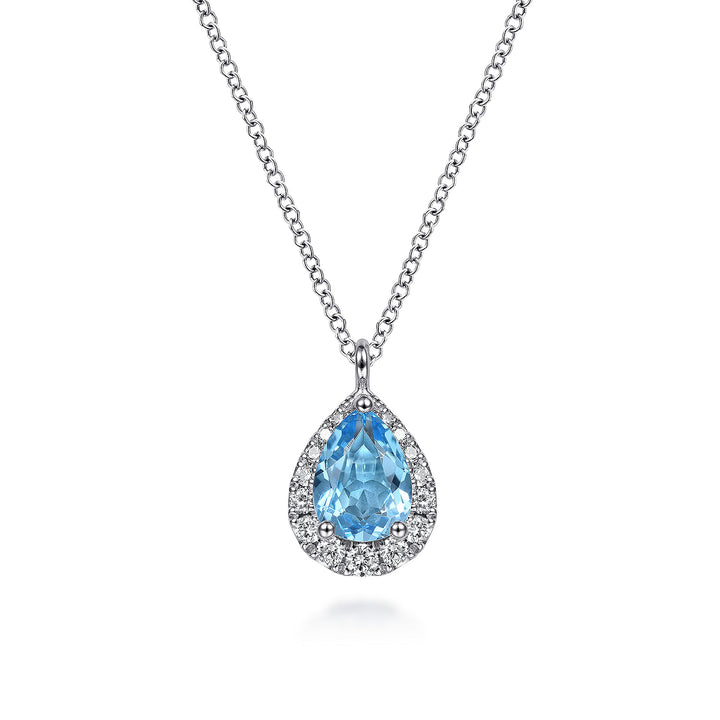 Gabriel & Co. NK6629W45BT 14K White Gold Pear Shape Blue Topaz and Diamond Halo Pendant Necklace