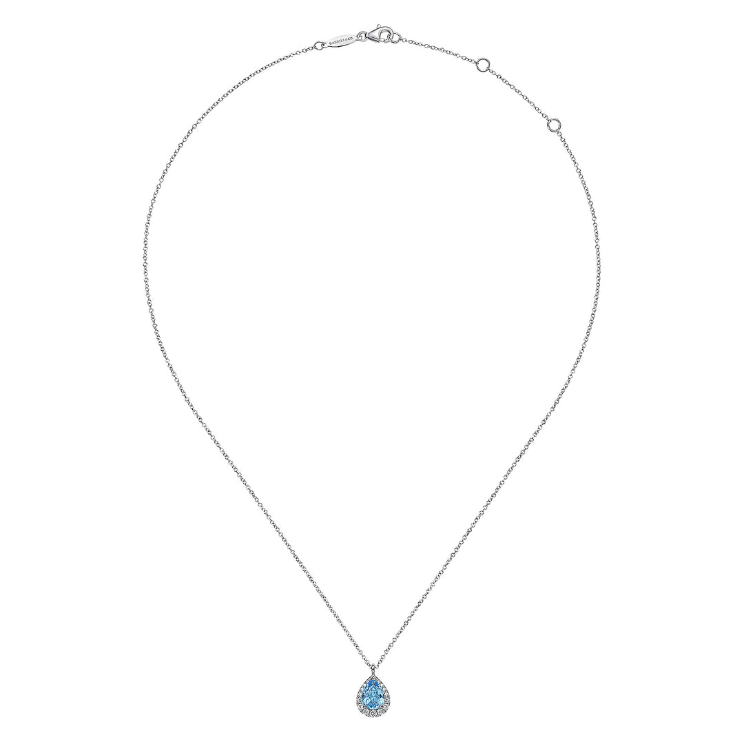 Gabriel & Co. NK6629W45BT 14K White Gold Pear Shape Blue Topaz and Diamond Halo Pendant Necklace