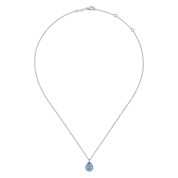 Gabriel & Co. NK6629W45BT 14K White Gold Pear Shape Blue Topaz and Diamond Halo Pendant Necklace