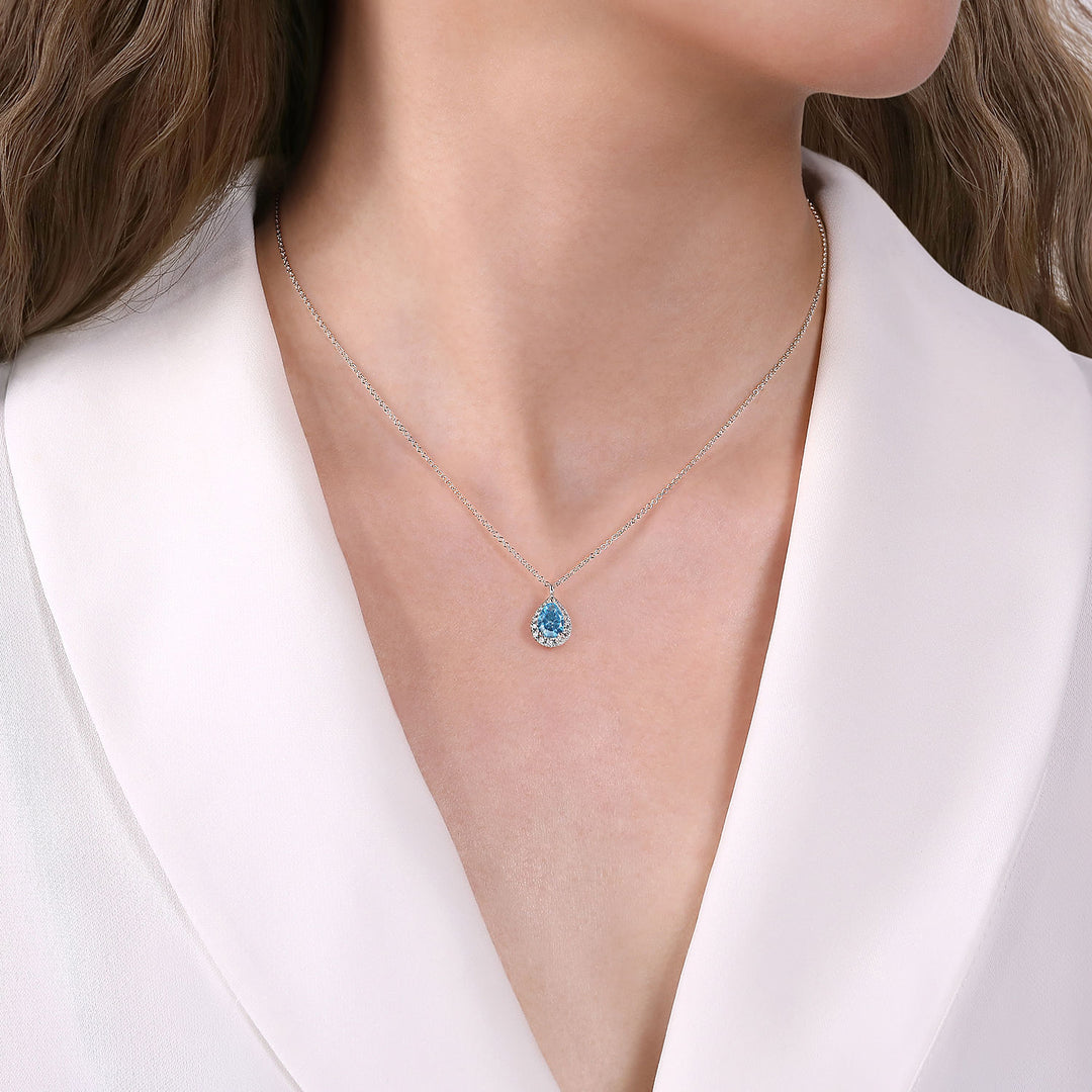 Gabriel & Co. NK6629W45BT 14K White Gold Pear Shape Blue Topaz and Diamond Halo Pendant Necklace