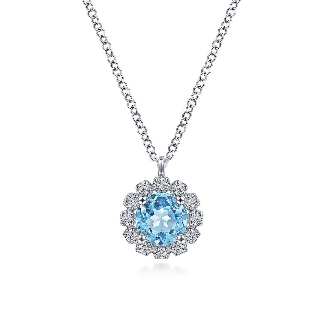 Gabriel & Co. NK6631W45BT 14K White Gold Round Blue Topaz and Diamond Halo Pendant Necklace