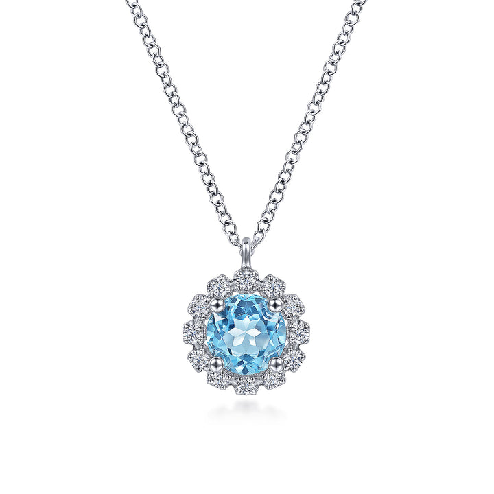 Gabriel & Co. NK6631W45BT 14K White Gold Round Blue Topaz and Diamond Halo Pendant Necklace