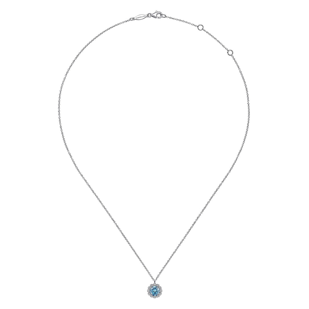 Gabriel & Co. NK6631W45BT 14K White Gold Round Blue Topaz and Diamond Halo Pendant Necklace