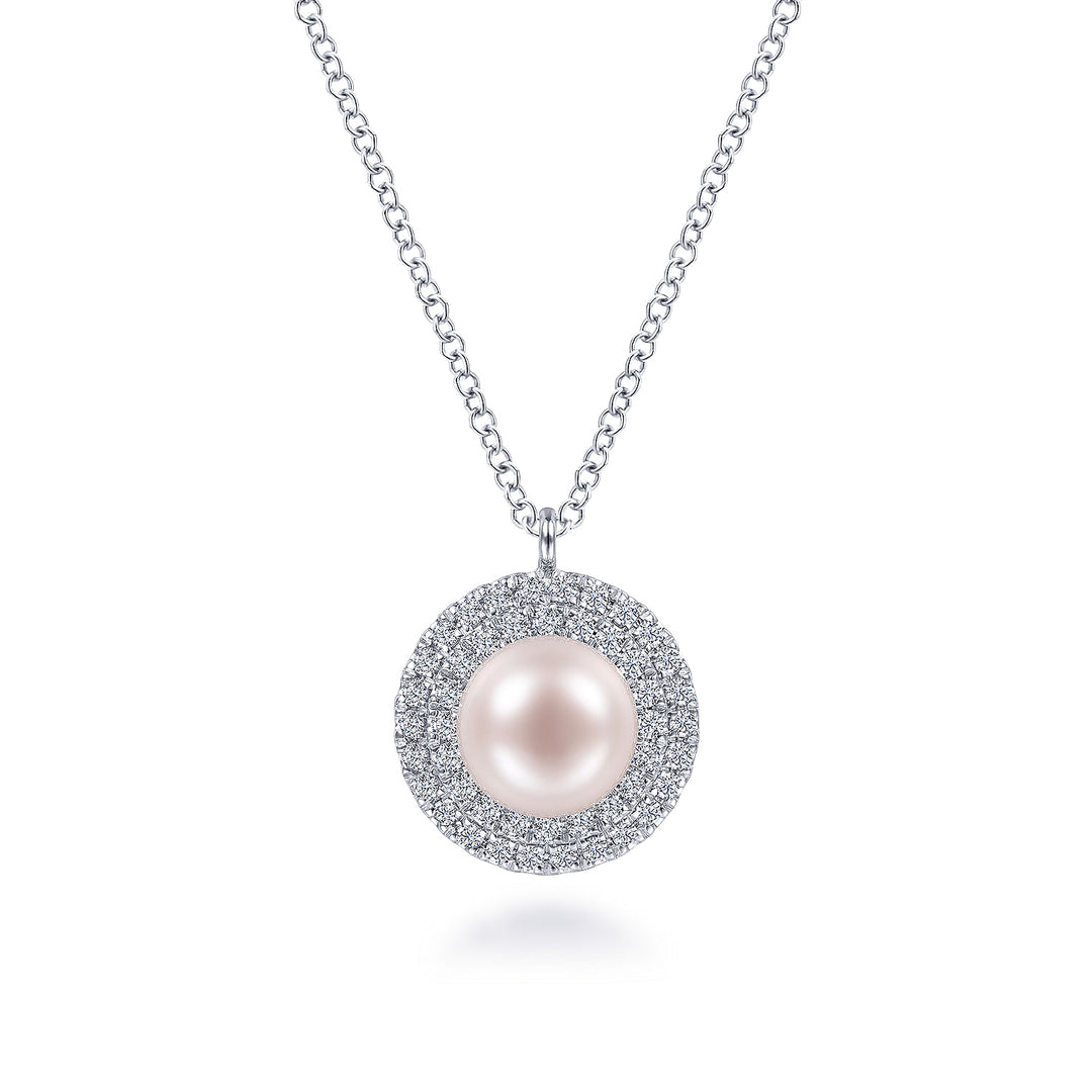 Gabriel & Co. NK6633W45PL 14K White Gold Round Pearl and Diamond Halo Pendant Necklace