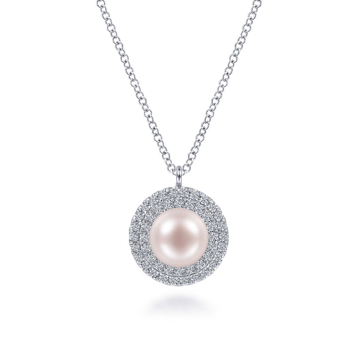Gabriel & Co. NK6633W45PL 14K White Gold Round Pearl and Diamond Halo Pendant Necklace