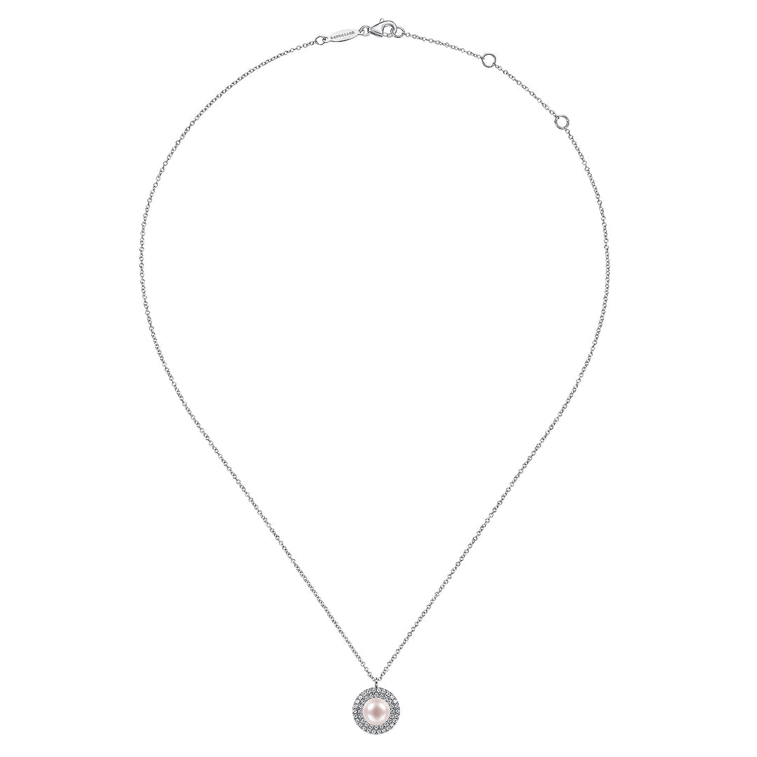 Gabriel & Co. NK6633W45PL 14K White Gold Round Pearl and Diamond Halo Pendant Necklace
