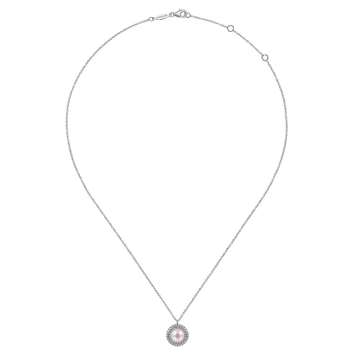 Gabriel & Co. NK6633W45PL 14K White Gold Round Pearl and Diamond Halo Pendant Necklace