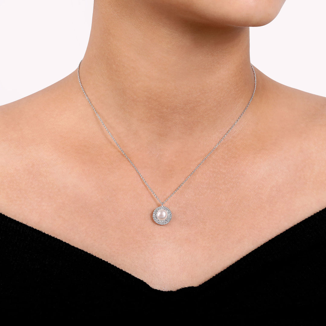 Gabriel & Co. NK6633W45PL 14K White Gold Round Pearl and Diamond Halo Pendant Necklace