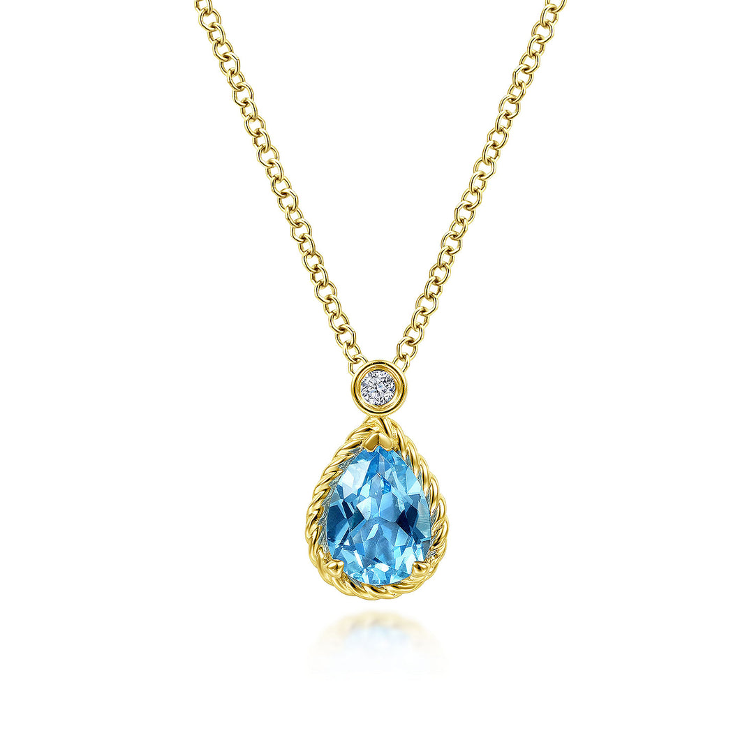 Gabriel & Co. NK6634Y45BT 14K Yellow Gold Pear Shape Blue Topaz Pendant Necklace with Bezel Set Diamond