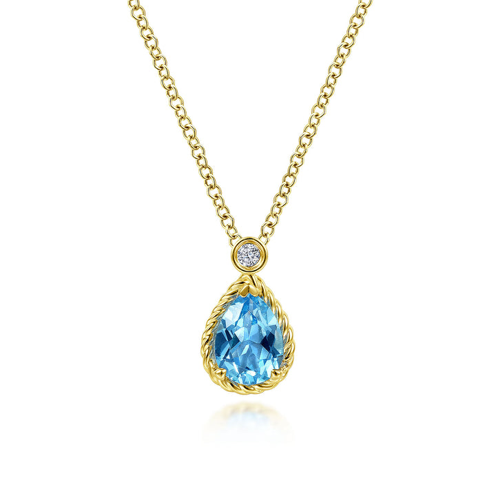 Gabriel & Co. NK6634Y45BT 14K Yellow Gold Pear Shape Blue Topaz Pendant Necklace with Bezel Set Diamond