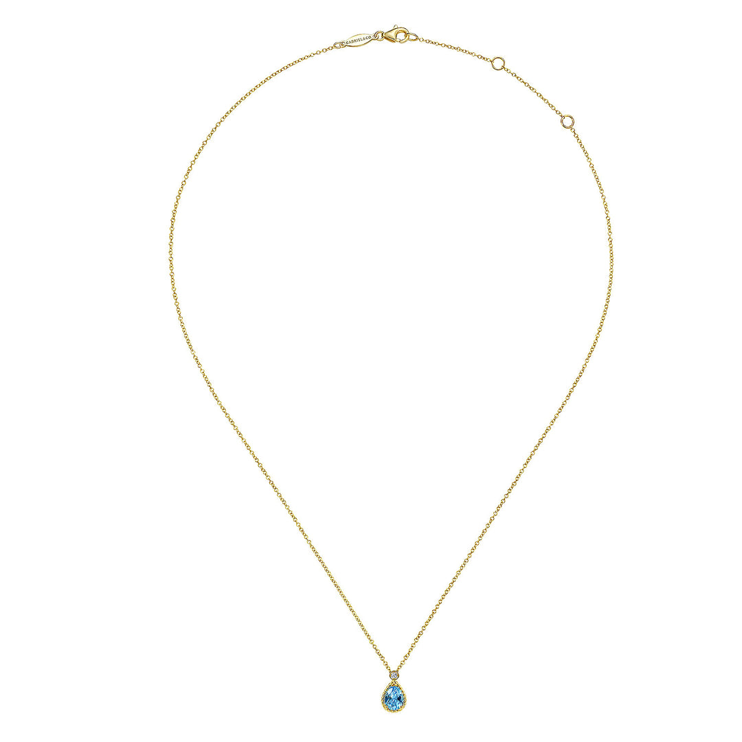 Gabriel & Co. NK6634Y45BT 14K Yellow Gold Pear Shape Blue Topaz Pendant Necklace with Bezel Set Diamond