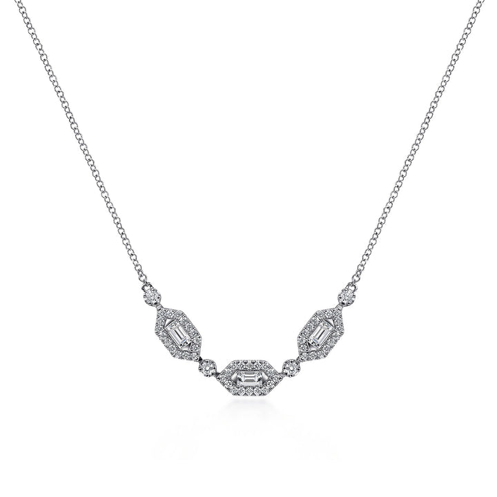 Gabriel & Co. NK6646W44JJ 14K White Gold Baguette and Round Hexagonal Station Diamond Necklace