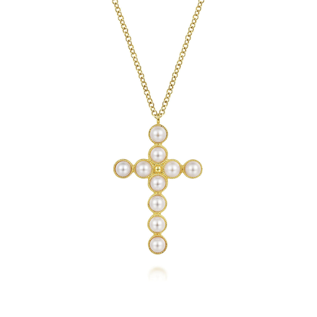Gabriel & Co. NK7006Y4JPL 14K Yellow Gold Pearl Cross Pendant Necklace