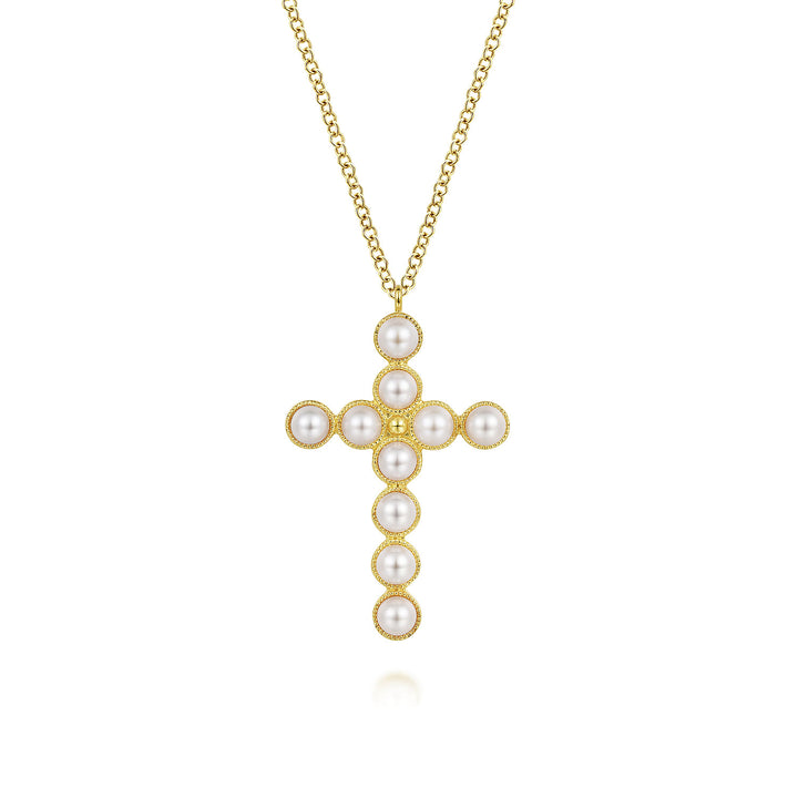 Gabriel & Co. NK7006Y4JPL 14K Yellow Gold Pearl Cross Pendant Necklace