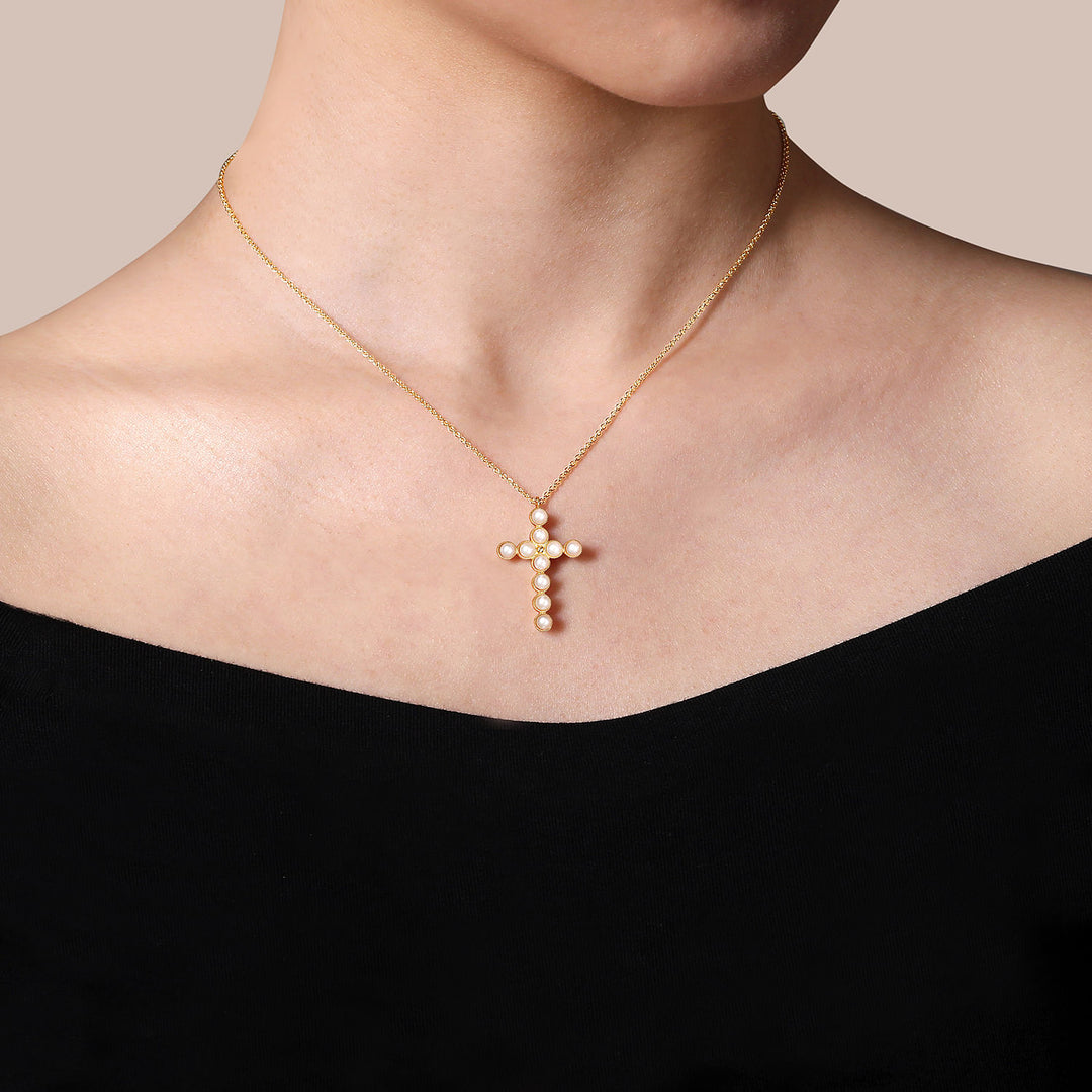 Gabriel & Co. NK7006Y4JPL 14K Yellow Gold Pearl Cross Pendant Necklace