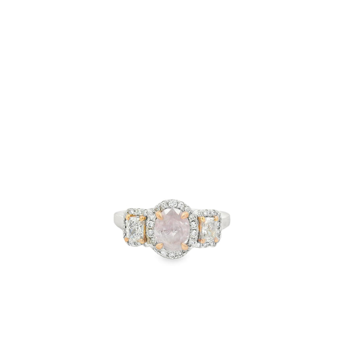 Estate Oval Pink Diamond Three-Stone Halo Ring