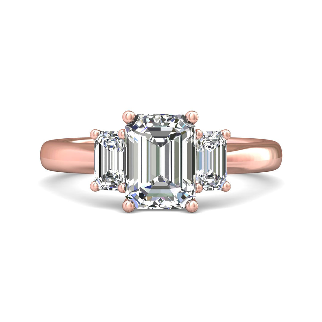 18K Gold Pink Three Stone Engagement Ring from the Three Stone collection - DERT01SEC_18KP_Em_8X6EC_Prm_H-I_SI1