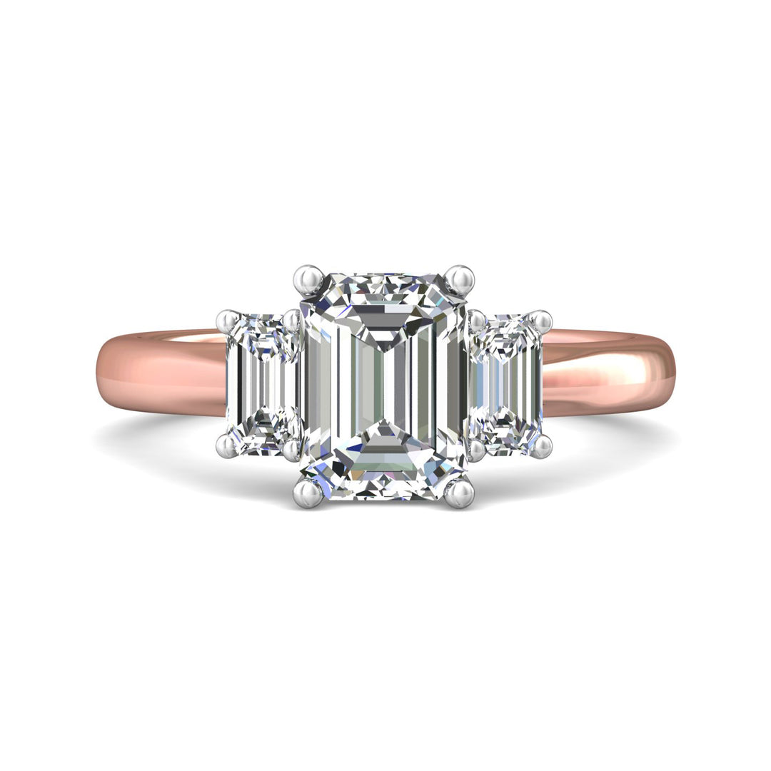 18K Gold White/Pink Three Stone Engagement Ring from the Three Stone collection - DERT01SEC_18KWP_Em_8X6EC_Prm_H-I_SI1