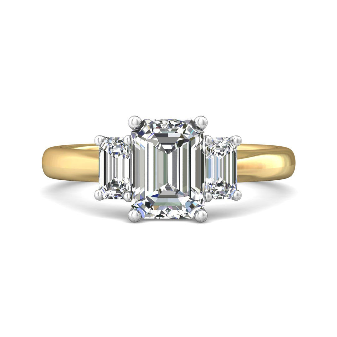 18K Gold White/Yellow Three Stone Engagement Ring from the Three Stone collection - DERT01SEC_18KWY_Em_8X6EC_Prm_H-I_SI1