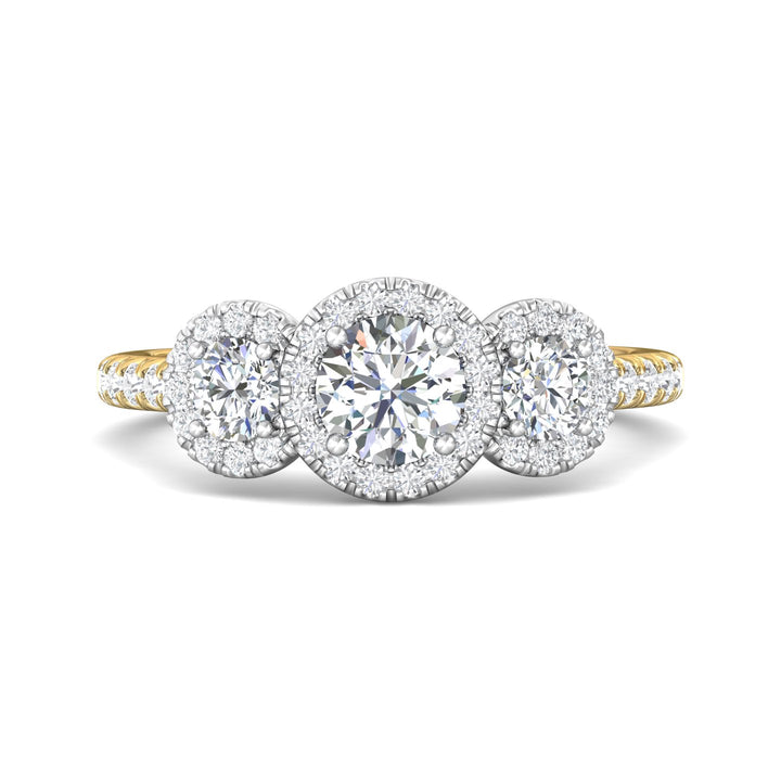 14K Gold Yellow/White Three Stone Engagement Ring from the Three Stone collection - DERT03RD_14KYW_RdH_5.0_Prm_H-I_SI1