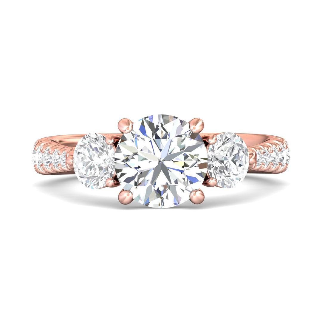 18K Gold Pink Three Stone Engagement Ring from the Three Stone collection - DERT04LR_18KP_Rd_8.0_Prm_H-I_SI1