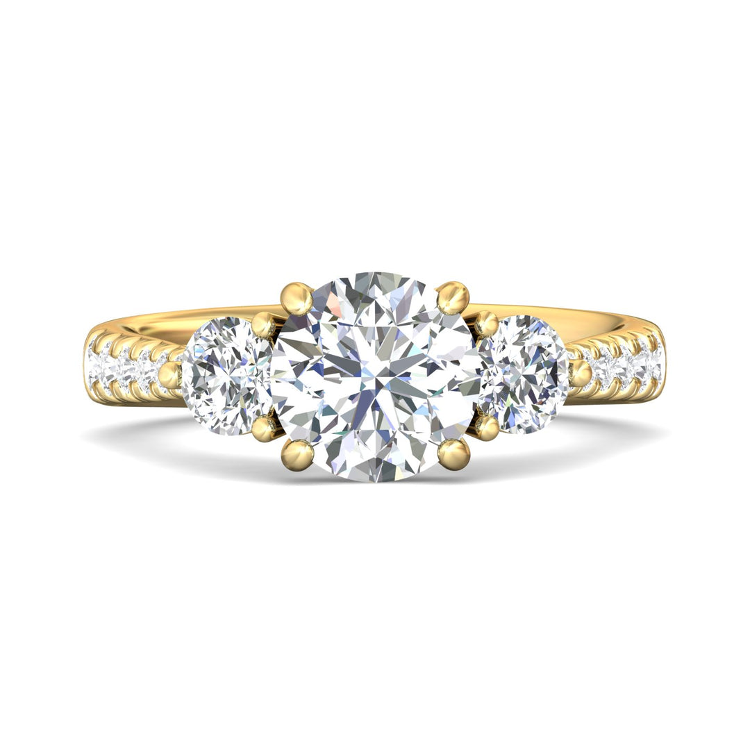 18K Gold Yellow Three Stone Engagement Ring from the Three Stone collection - DERT04MR_18KY_Rd_7.5_Prm_H-I_SI1